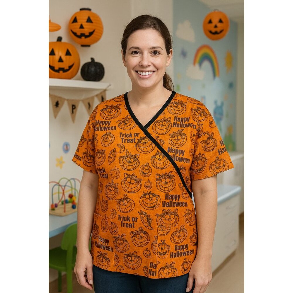 Disney Halloween Scrub Top XL Cheshire Cat Trick or Treat V-Neck Nurse Shirt
